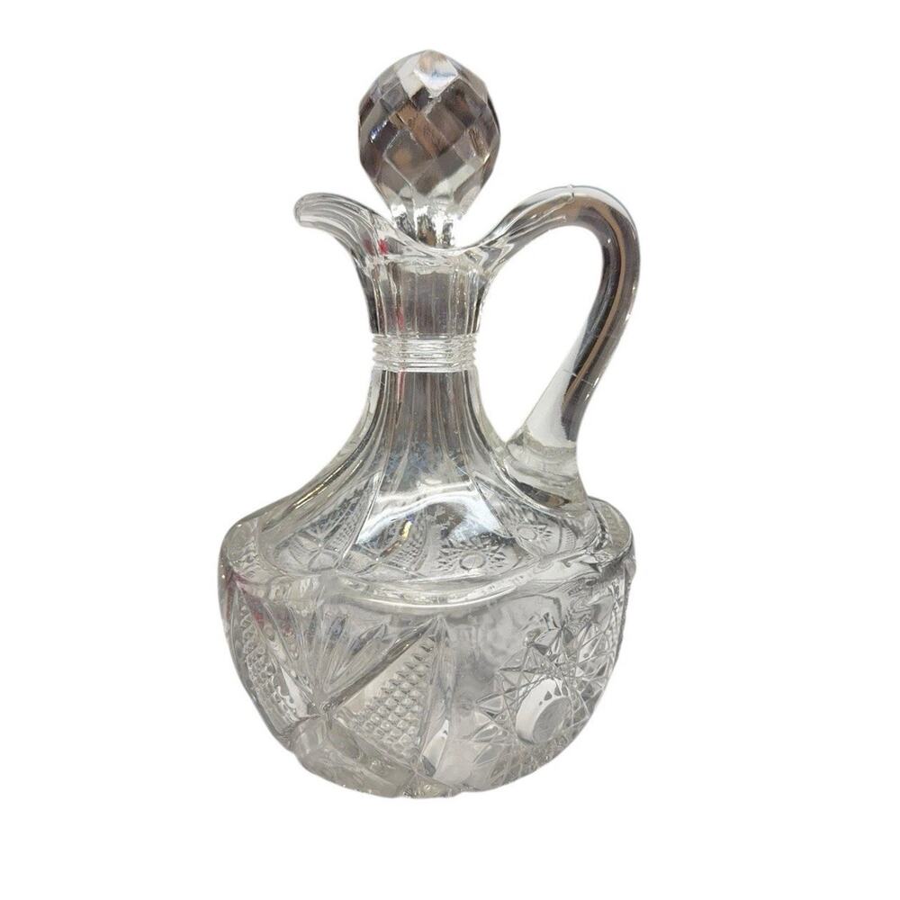 Vintage‎ Pressed Glass Cruet Oil Vinegar Bottle Faceted Stopper Starburst